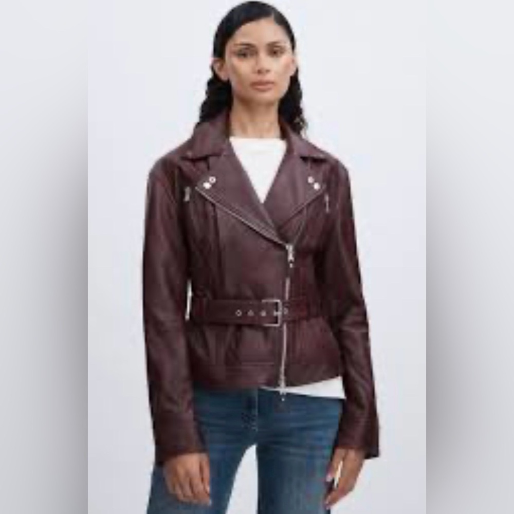 Paige Leather Belted Moto Cento Jacket in Dark Oxblood size small
Msrp $1,465